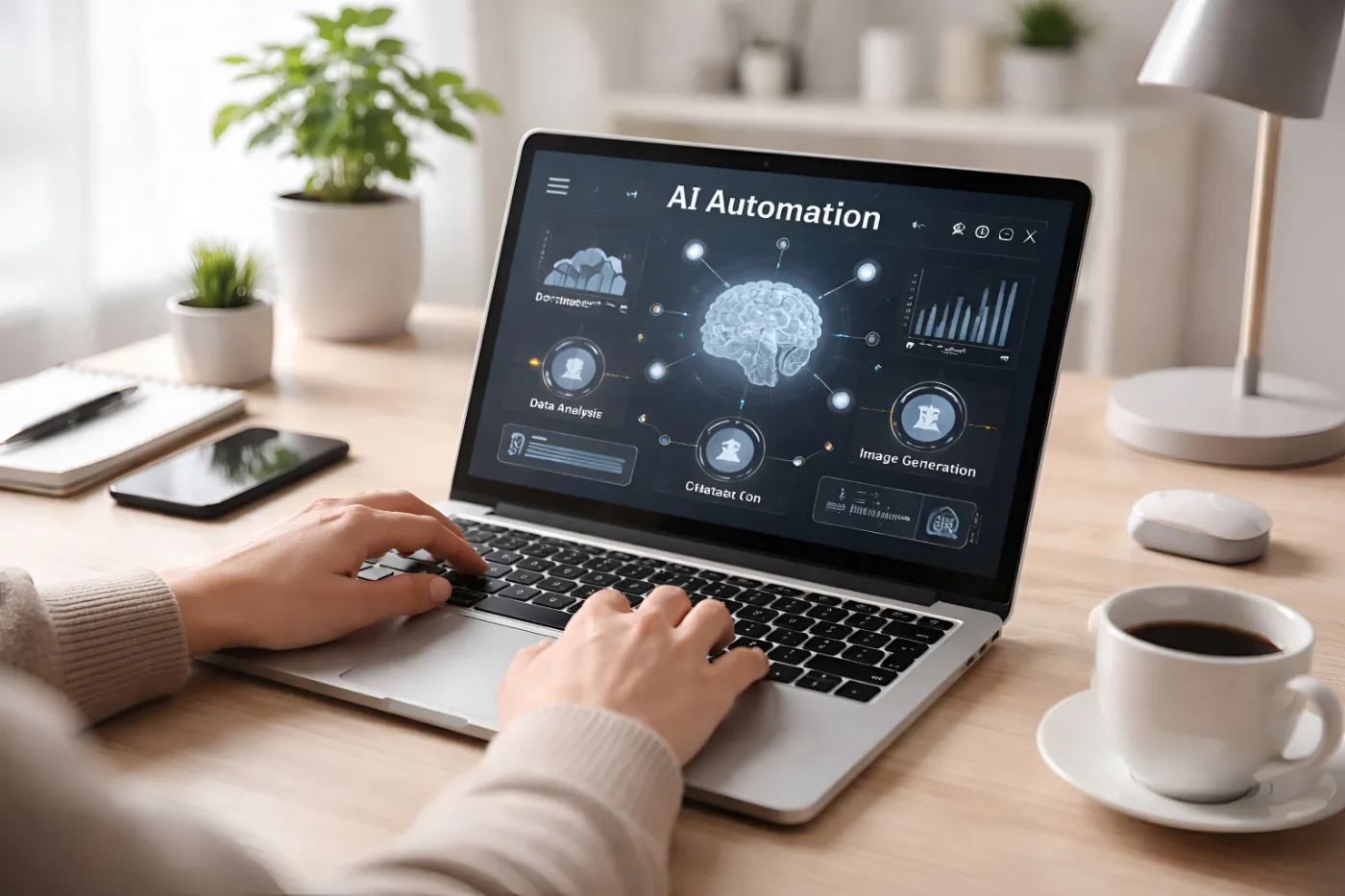 Someone working on a laptop that shows an AI automation dashboard, on a bright desk with a coffee and a plant