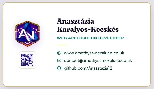 Anasztázia’s digital business card with a QR code and contact details