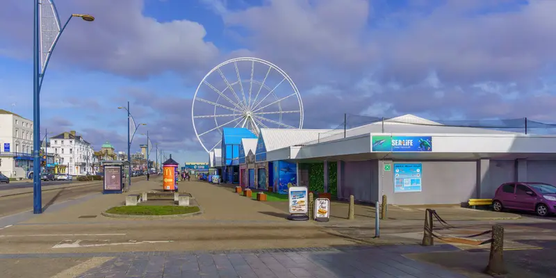 Great Yarmouth seafront with the Sea Life centre and the big wheel