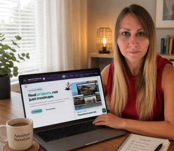 Anasztázia at her desk, working on a client site
