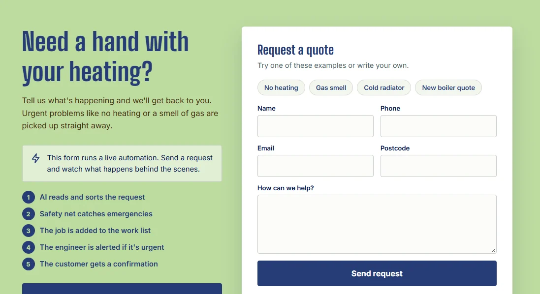 A Northline Gas & Heating weboldal az élő árajánlatkérő űrlappal és a mintakérésekkel