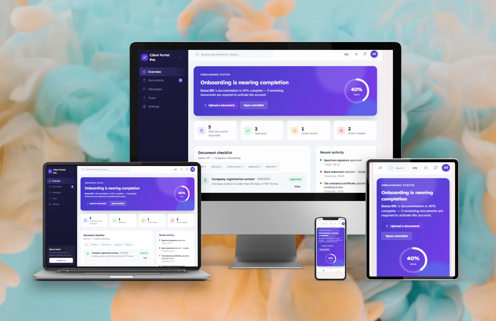 Client Portal onboarding overview with document checklist on desktop, laptop, tablet and phone