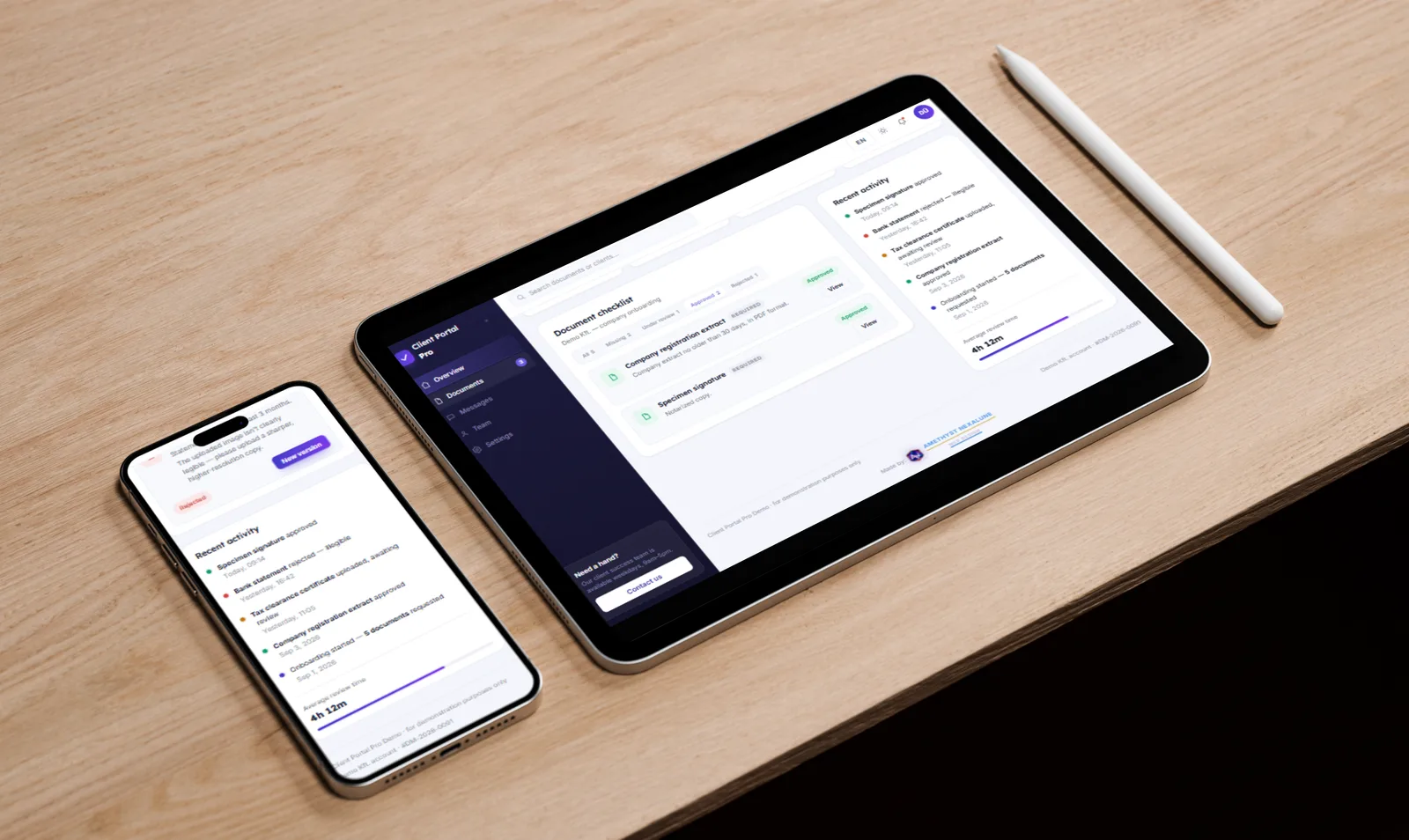 Client Portal document checklist and recent activity on a tablet and phone