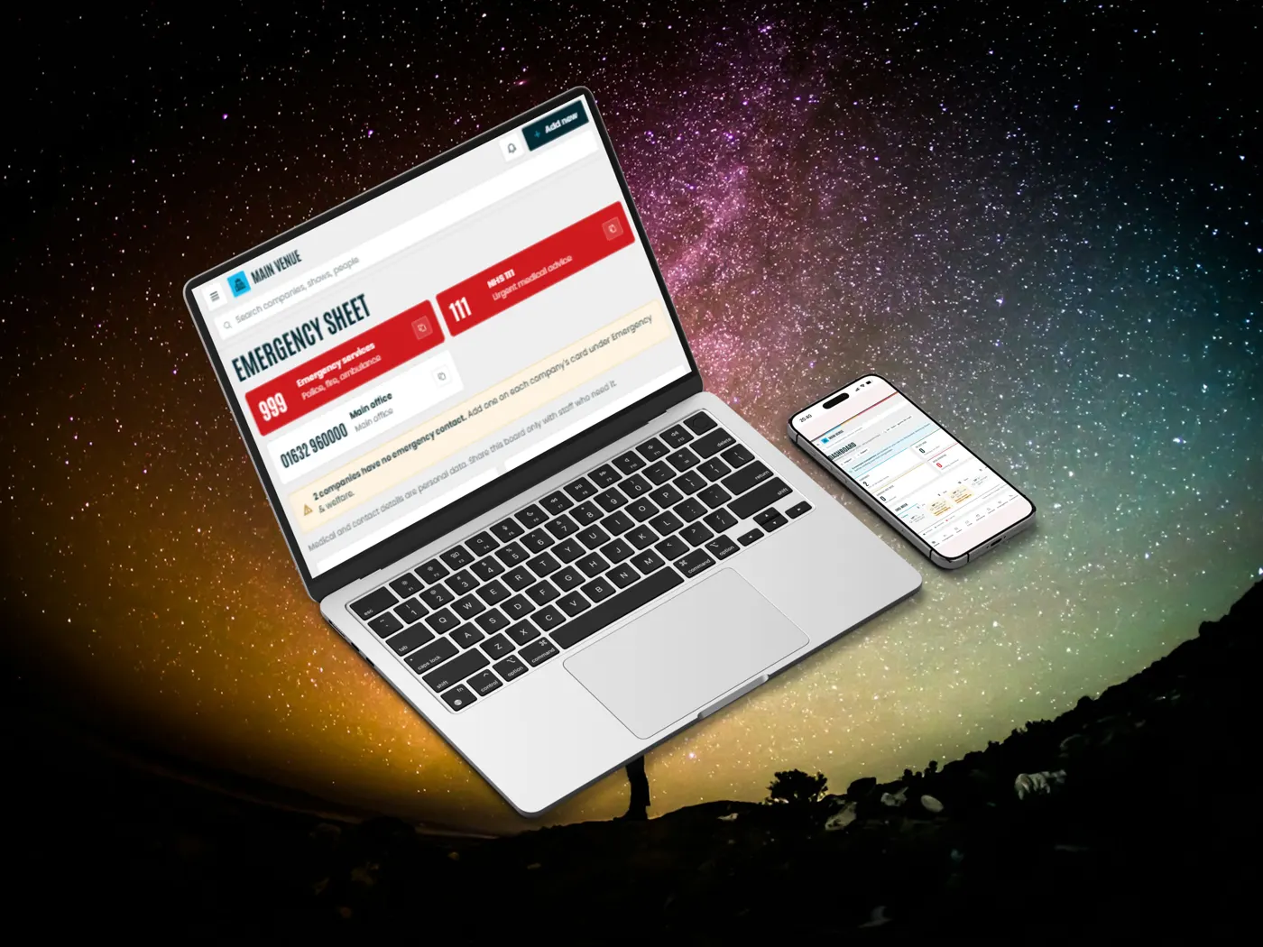 An emergency sheet with emergency numbers on a laptop and a phone