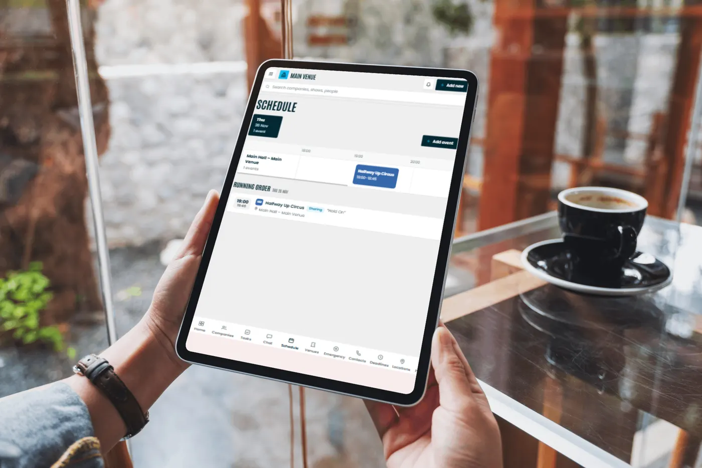 An event schedule on a tablet