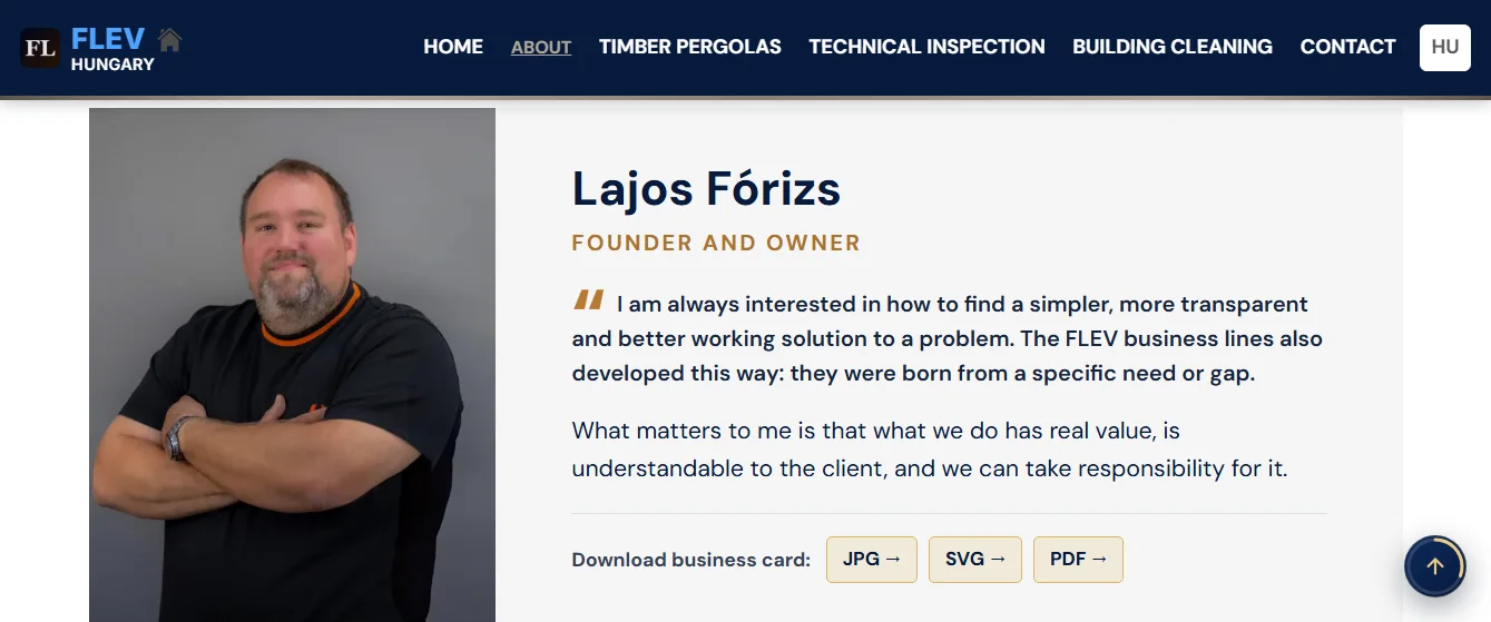 The About page of the new website: a portrait of the founder next to a short personal message
