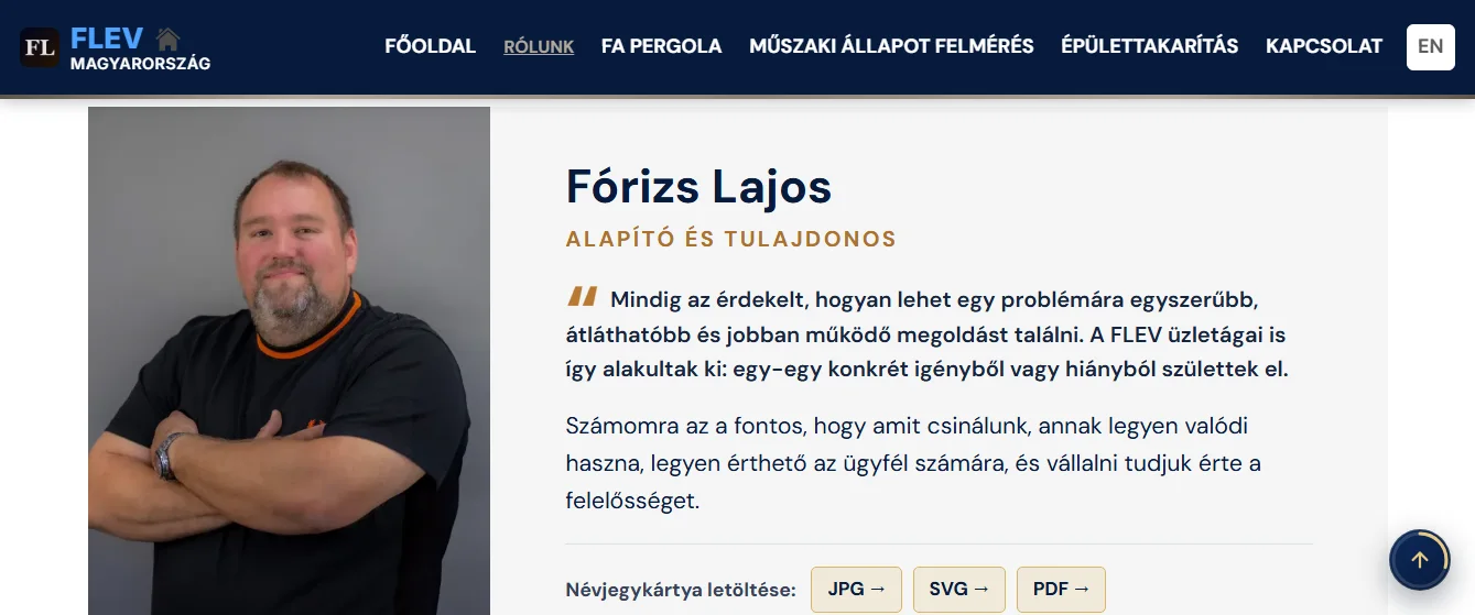 Az új weboldal „Rólunk” oldala: az alapító portréja egy rövid személyes üzenet mellett