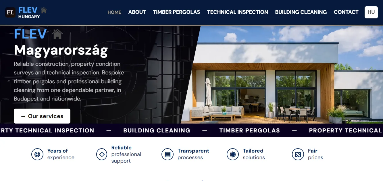 Homepage of the new website: a bold headline, a clear contact button and a photo of a modern house