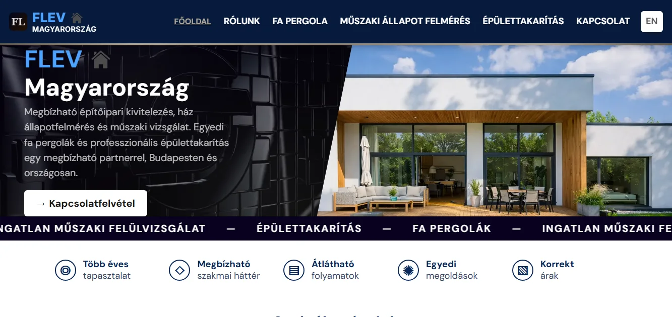 Az új weboldal főoldala: erős főcím, jól látható kapcsolatfelvétel gomb és egy modern ház fotója