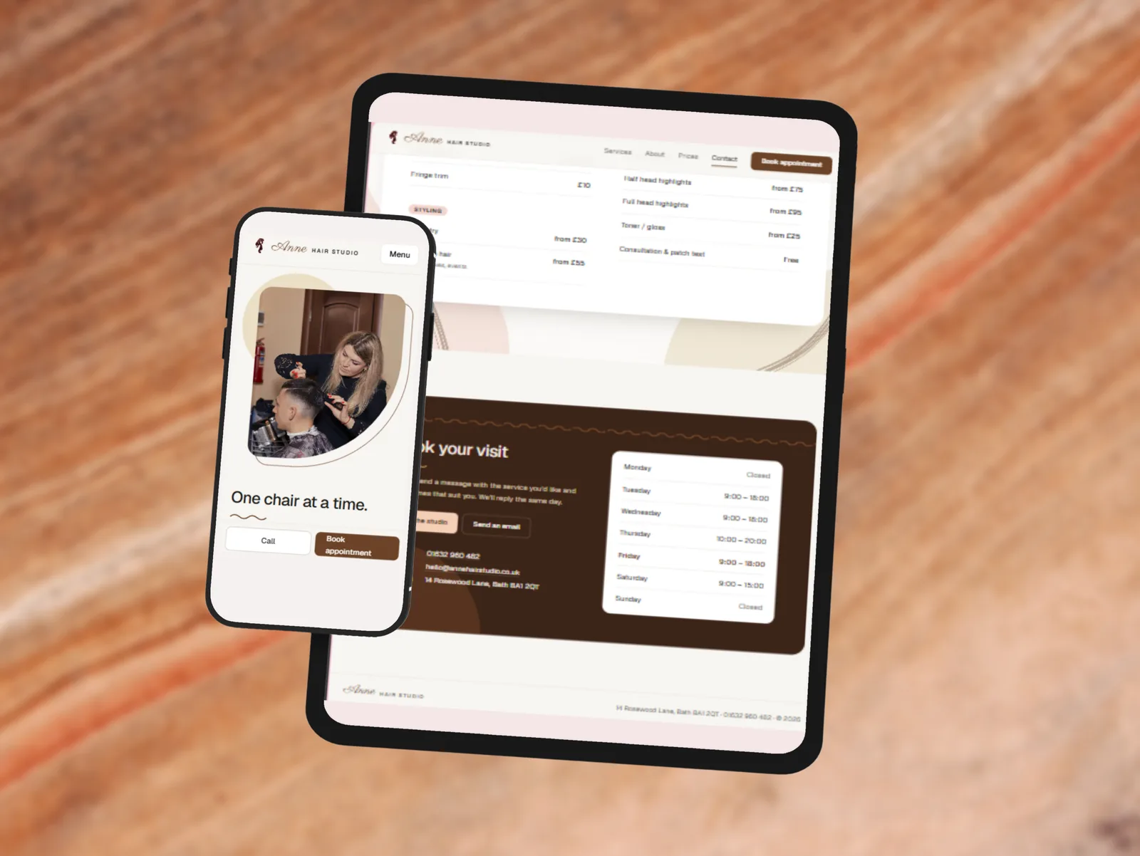 Hair studio website price list and contact section preview