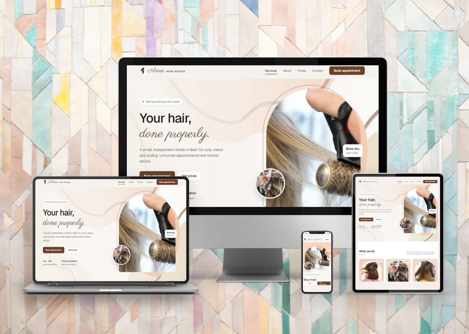 Hair studio website preview across devices