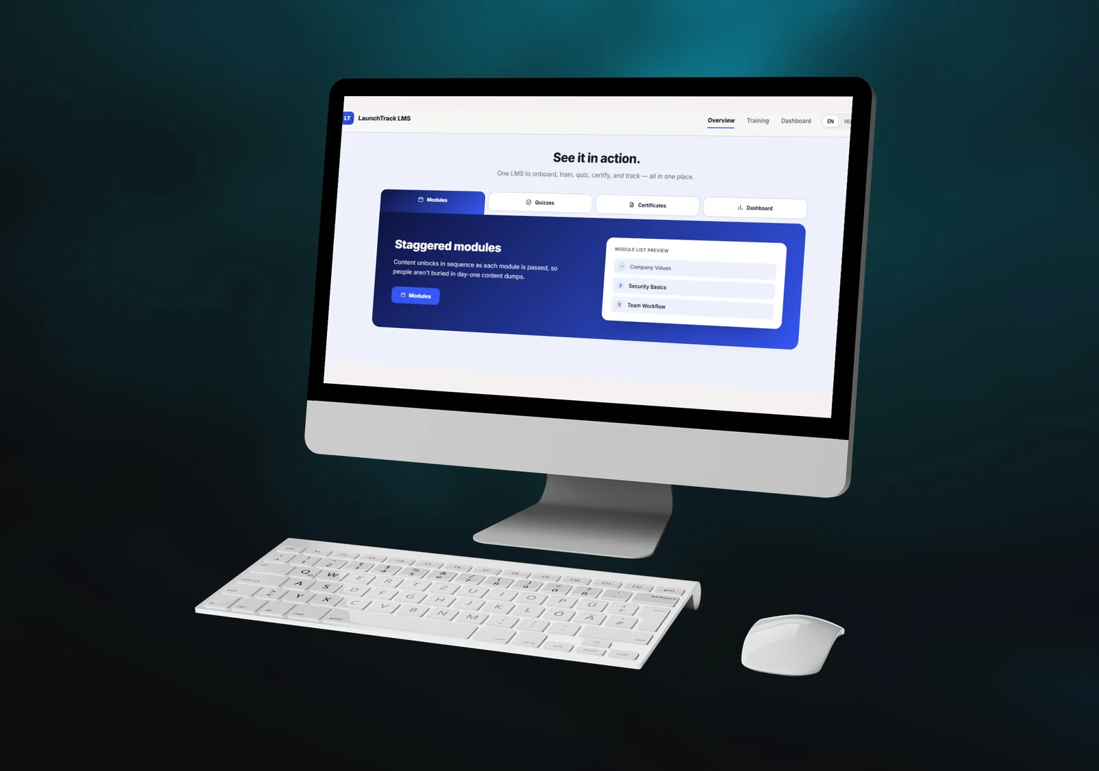 LaunchTrack LMS staggered training modules preview on desktop