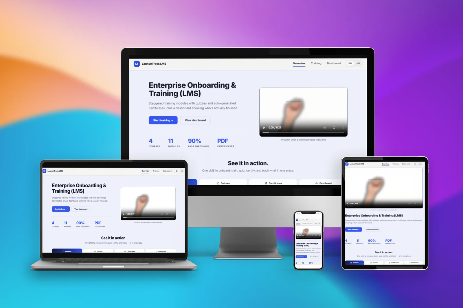 LaunchTrack LMS enterprise onboarding and training overview on desktop, laptop, tablet and phone