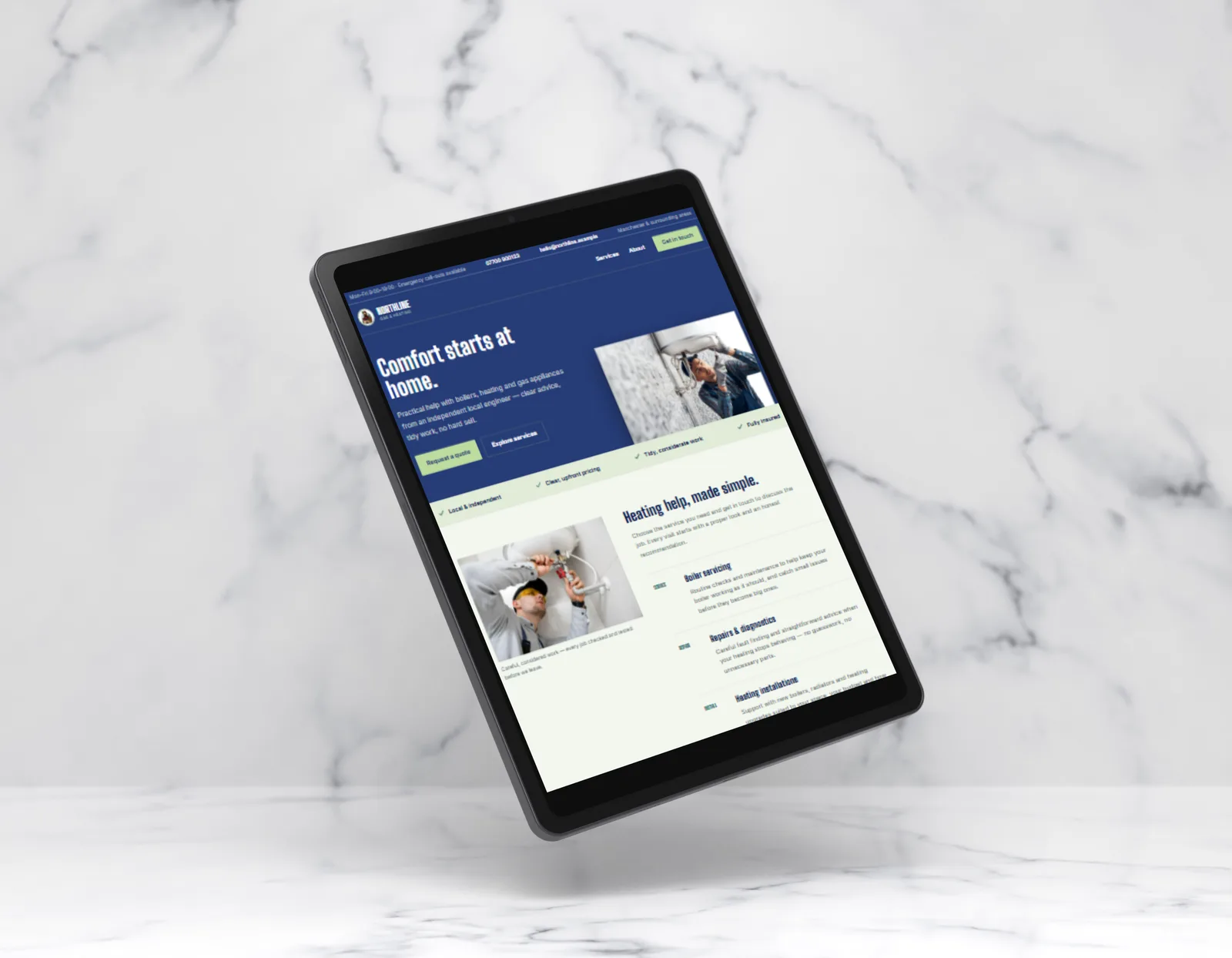 Plumber and heating website on a tablet preview