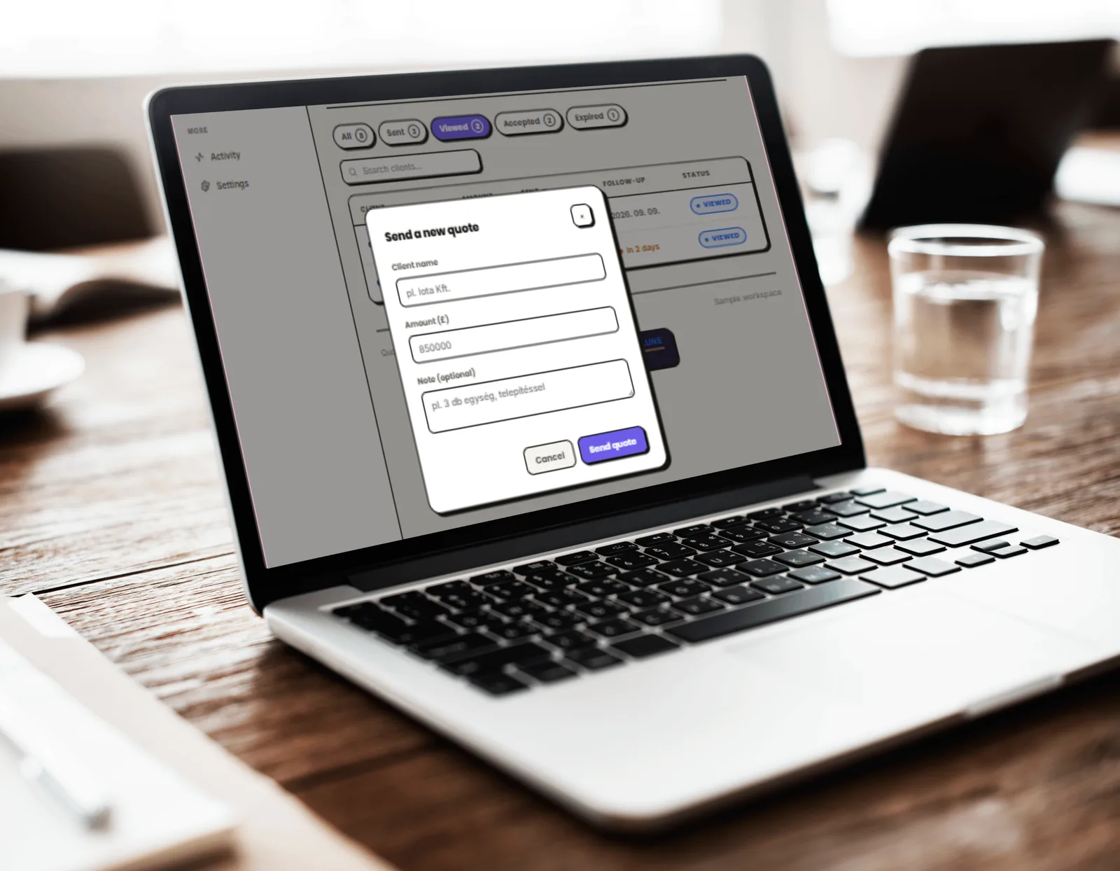 QuoteTracker send a new quote dialog on a laptop