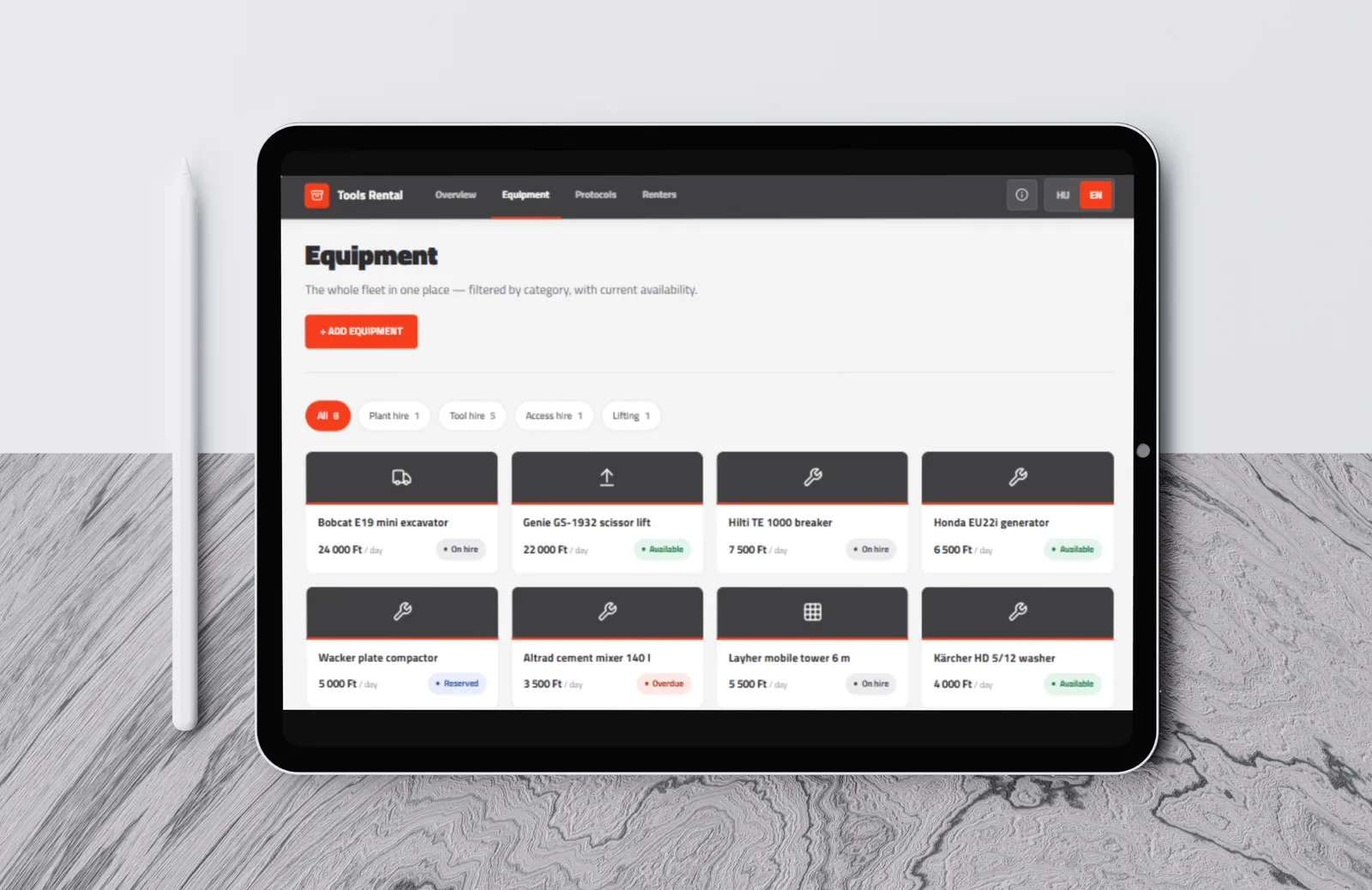 Tools Rental equipment list filtered by category on a tablet