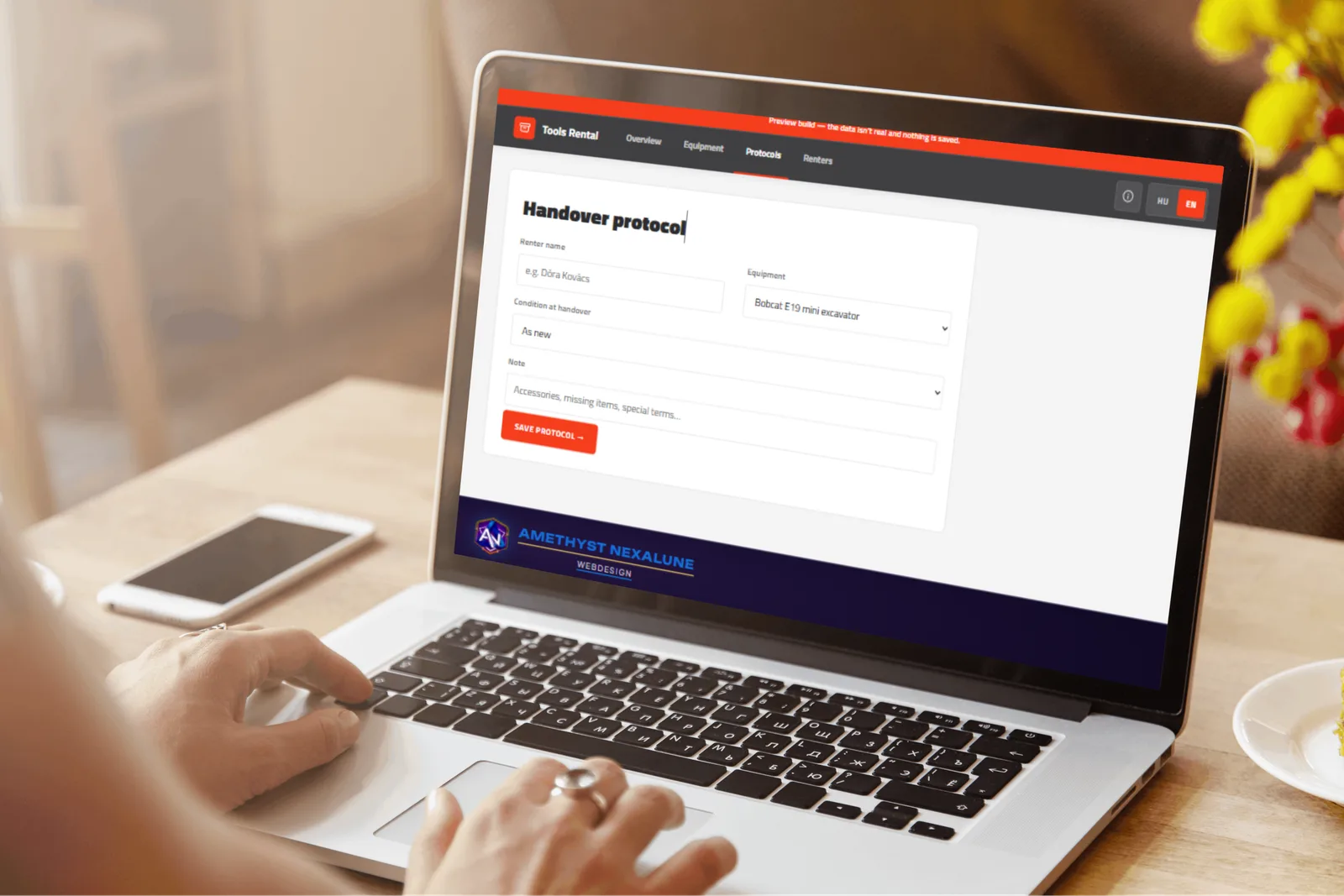 Tools Rental handover protocol form on a laptop