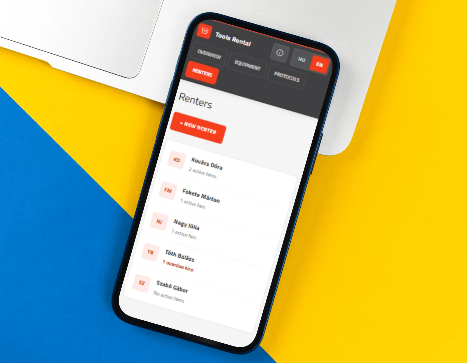 Tools Rental renters list with active hires on a phone