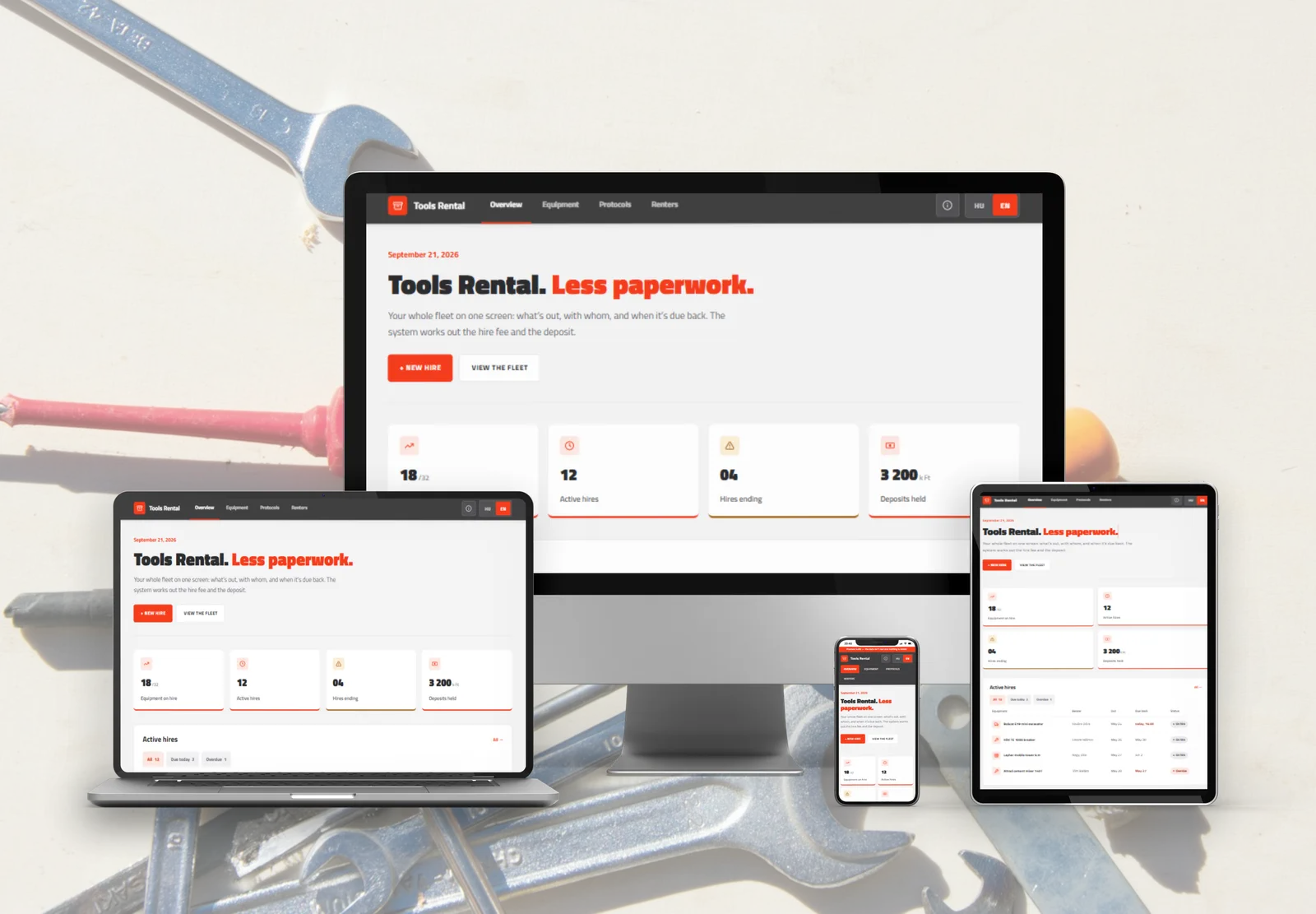 Tools Rental fleet overview on desktop, laptop, tablet and phone