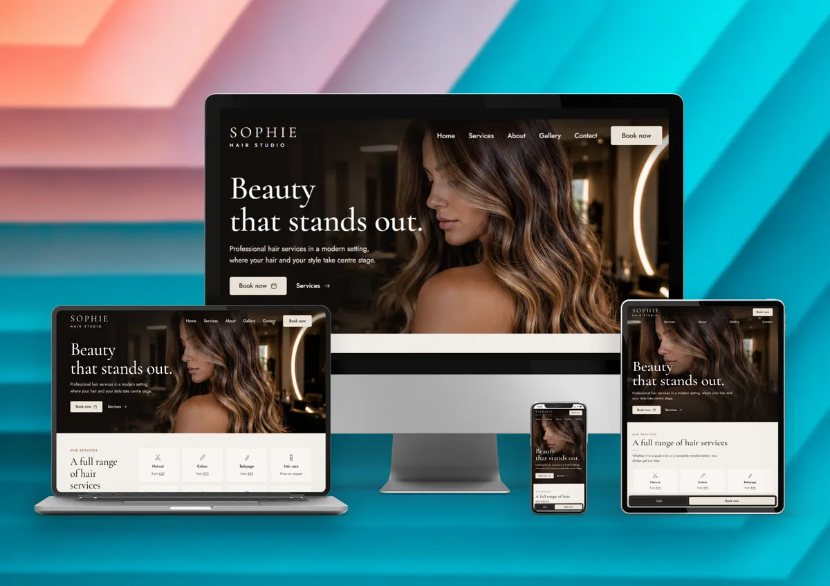 The Sophie Hair Studio mini webpage on a desktop, laptop, tablet and phone