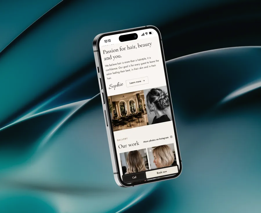 The Sophie Hair Studio mini webpage on a phone