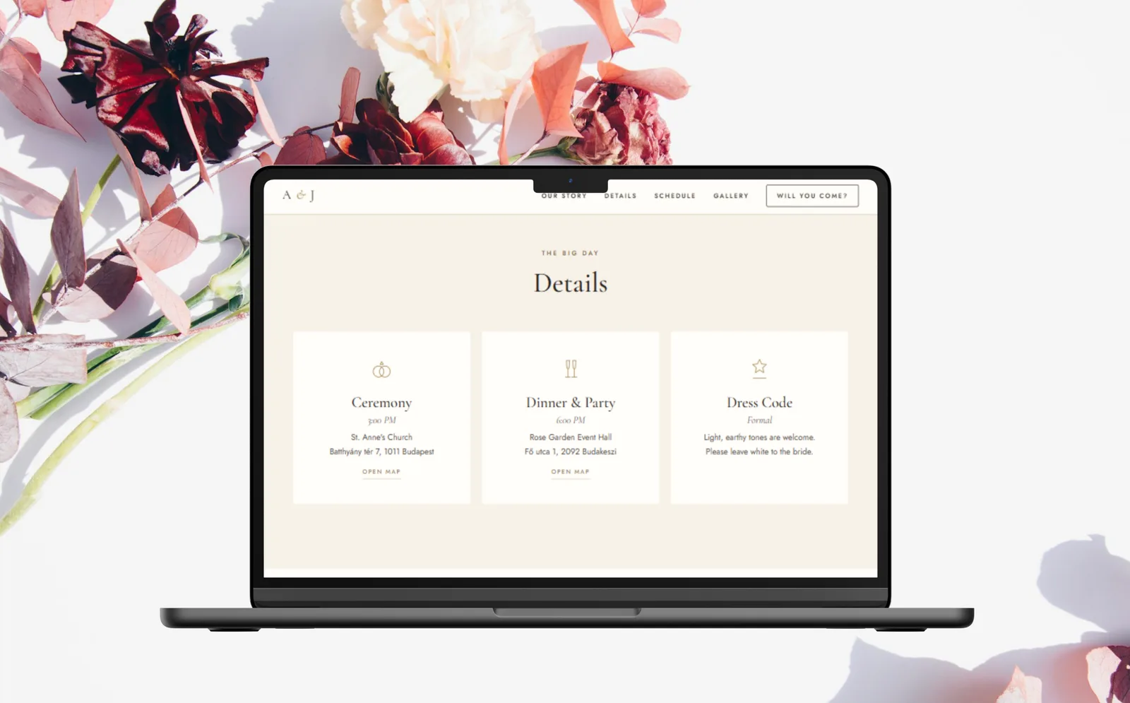 Wedding website “Details” section preview