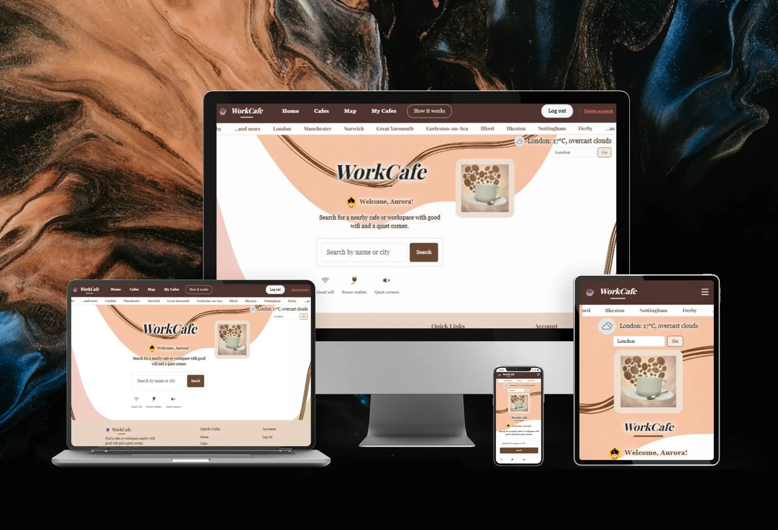 WorkCafe homepage preview across devices