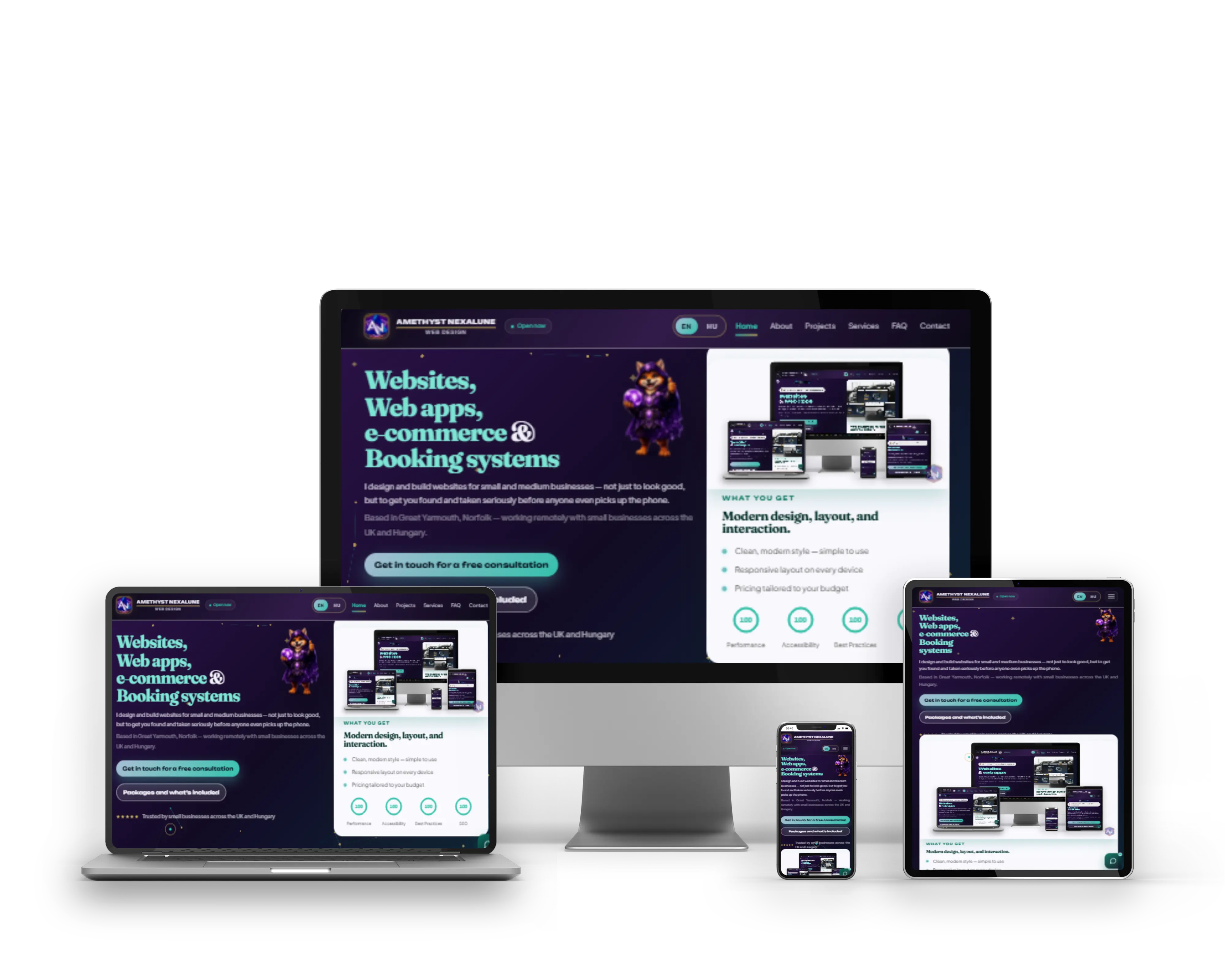 Real client website shown on desktop, laptop, tablet, and phone