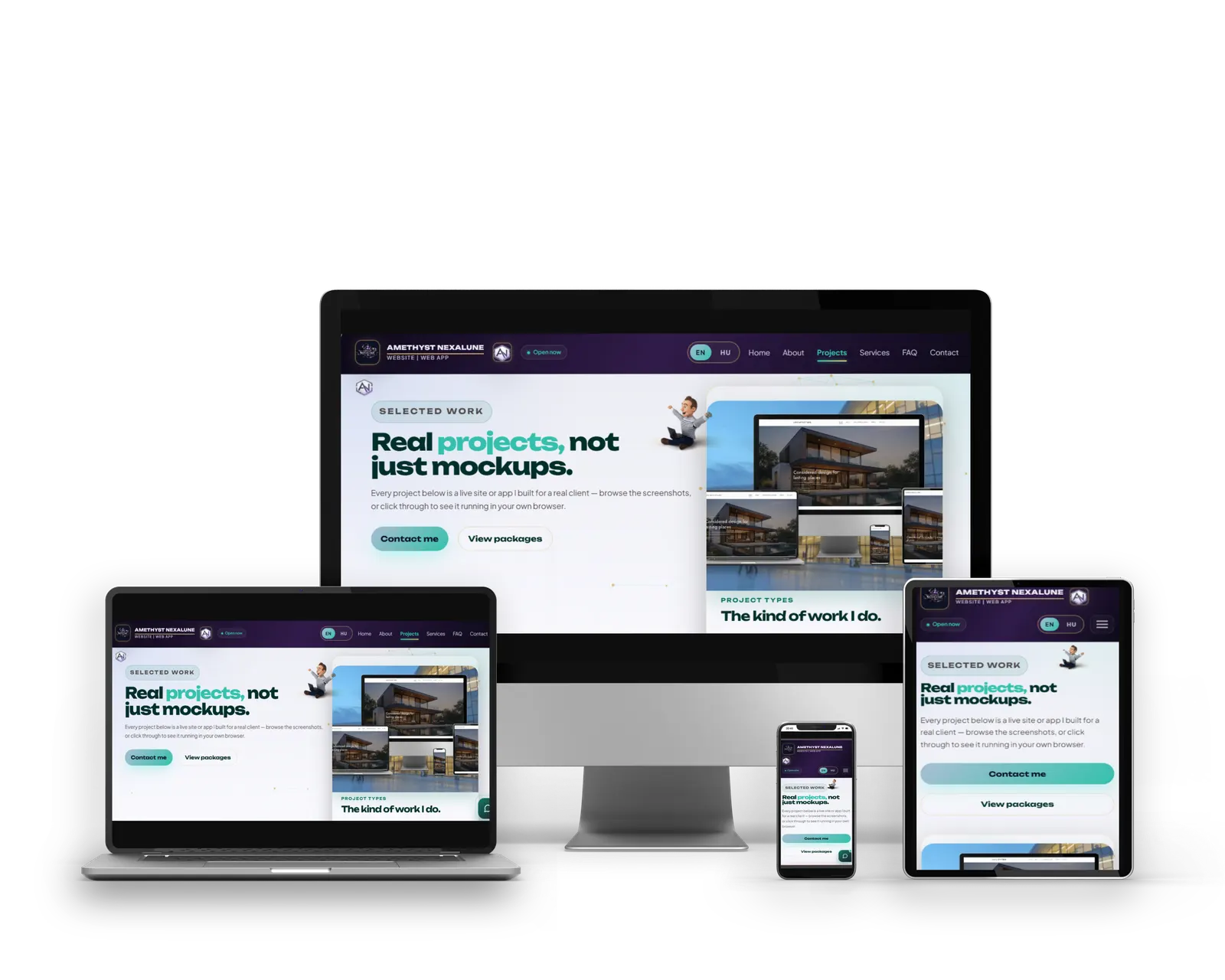 Real architecture studio website shown on desktop, laptop, tablet, and phone