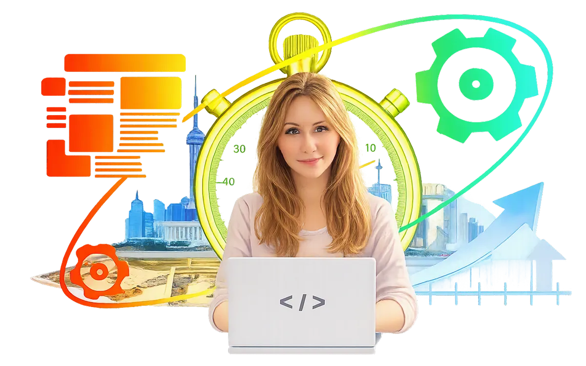 Illustration: a developer at a laptop, surrounded by a web page, gears, a stopwatch and a rising arrow