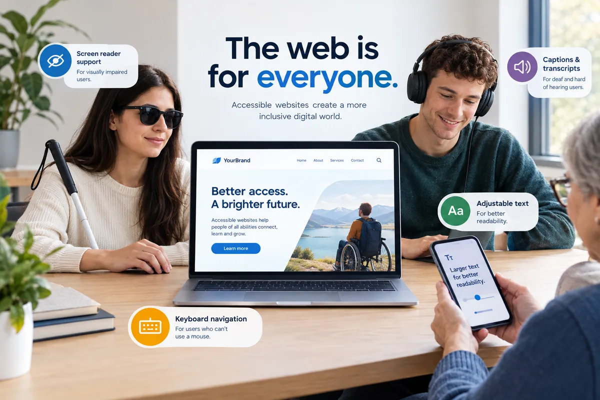 The web is for everyone: people using a screen reader, keyboard navigation, captions and larger text on a laptop and a phone