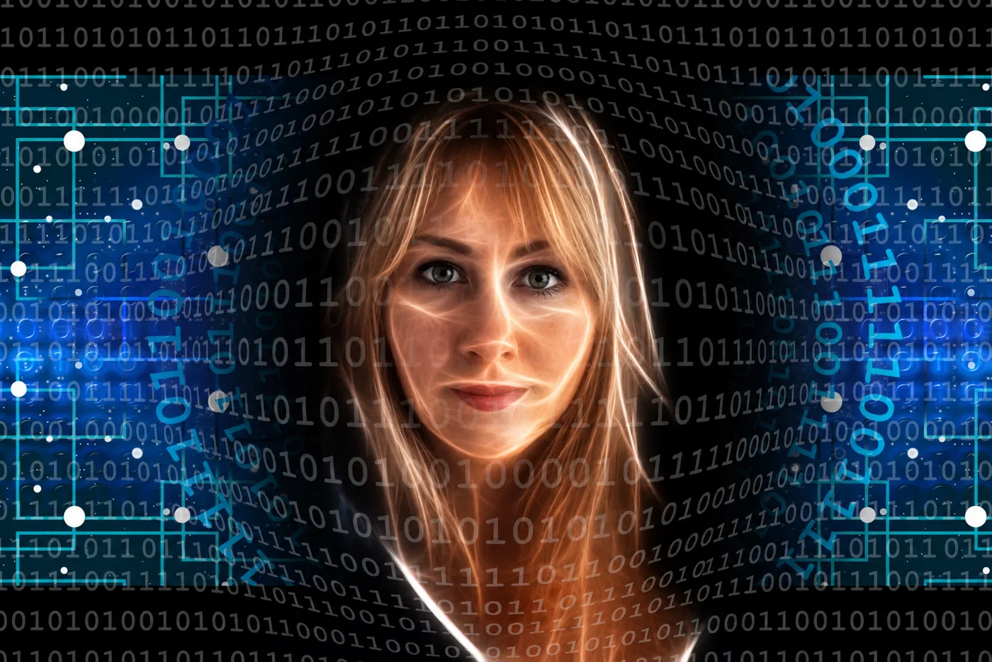 Illustration of a woman’s face surrounded by glowing binary code and circuit lines